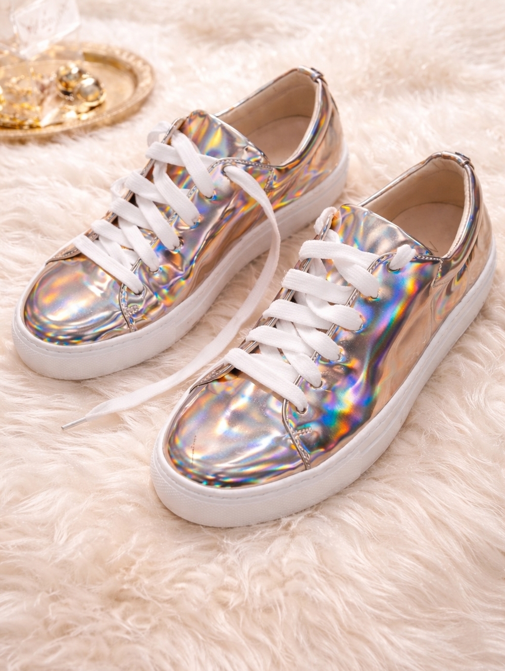 Marc Cain Iridescent Holographic Lace-Up Sneakers - Rose Gold Patent Leather